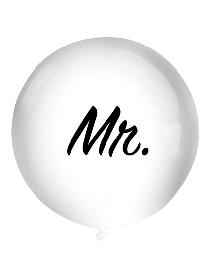 Mr. ballon wit XL opgeblazen, ronde latex ballon met zwarte schrijfletters voor een bruiloft
