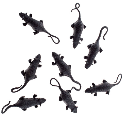 Muizen set voor Halloween met acht zwarte nepmuizen van 7 cm met lange gebogen staart