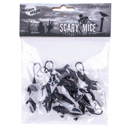 Muizen set voor Halloween in ophangzakje met kartonnen kop, acht griezelmuizen in zwart en grijs