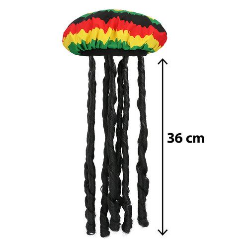 Muts Jamaica met Rasta haar los afgebeeld, zwarte gedraaide dreads van 36 cm onder de gestreepte muts