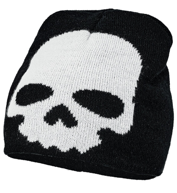 Muts schedel zwart met groot wit doodskopmotief, gebreide beanie voor Halloween