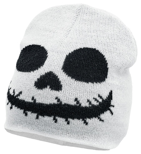 Muts spook wit gebreid met zwart skeletgezicht en grijnzende mond voor Halloween