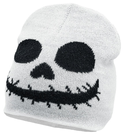 Muts spook wit gebreid met zwart skeletgezicht en grijnzende mond voor Halloween