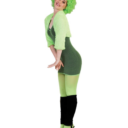 Neon groen netjurkje van opzij gedragen, kort model tot halverwege het bovenbeen, jaren 80-look