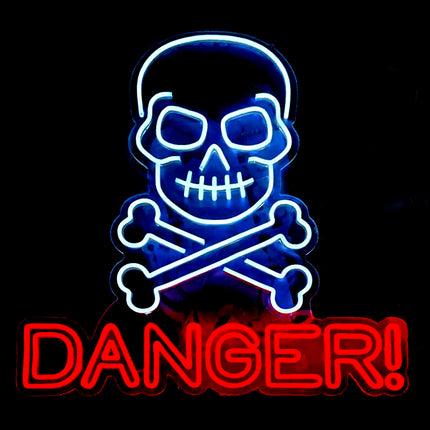 Neon licht schedel Danger met blauw-witte schedel, gekruiste botten en rode tekst voor Halloween