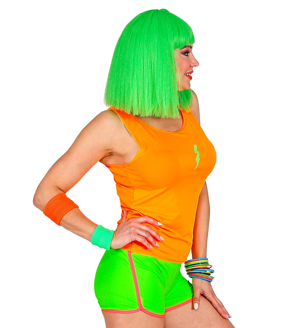 Neon oranje shirt dames van de zijkant, ronde hals en mouwloze armsgaten