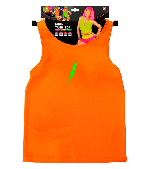 Neon oranje tanktop dames in verpakking, licht op onder uv-licht