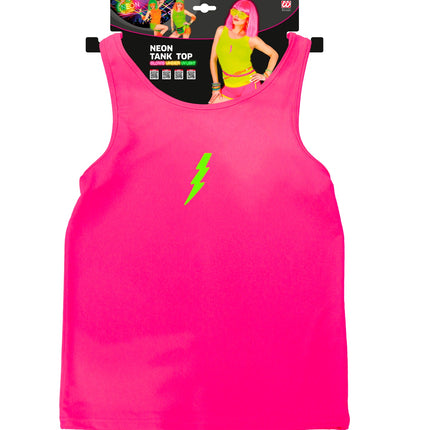 Neon roze hemdje los op de verpakking, fluorroze top met groene bliksem