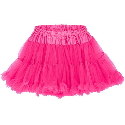 Neon roze tutu detail: brede geëlastificeerde taillebaan en gerimpelde tulezoom