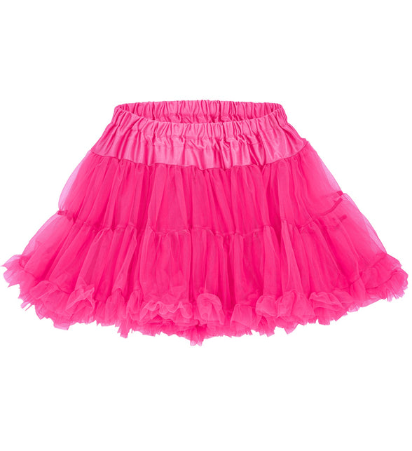 Neon roze tutu detail: brede geëlastificeerde taillebaan en gerimpelde tulezoom