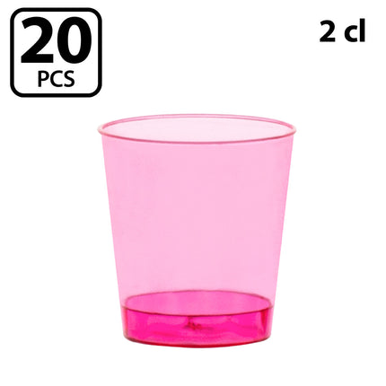 Neon shotglaasje van 2 cl in roze plastic, los vooraanzicht