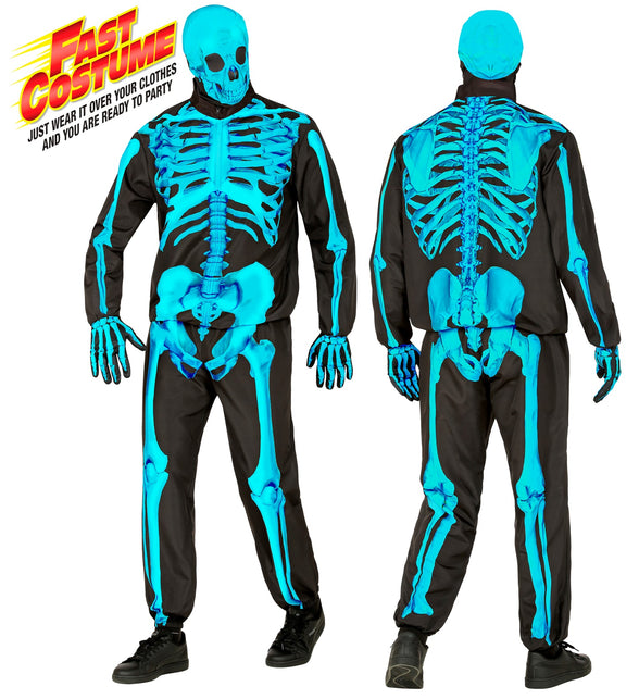 Neon skelet kostuum Harry, blauwe bottenprint op zwart, voor- en achterzijde, voor Halloween