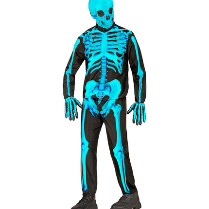 Neon skeletkostuum kind vooraanzicht met blauwe bekken- en beenbotten op zwarte broek