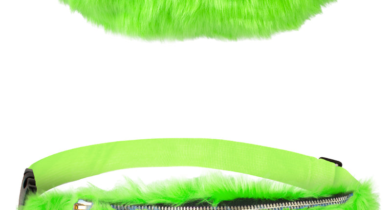Neongroen pluche heuptasje met halvemaanvorm, zilveren rits en verstelbare band, voor- en zijaanzicht