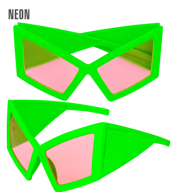 Bril oversized neon groen met roze glazen, voor- en zijaanzicht van het hoekige montuur