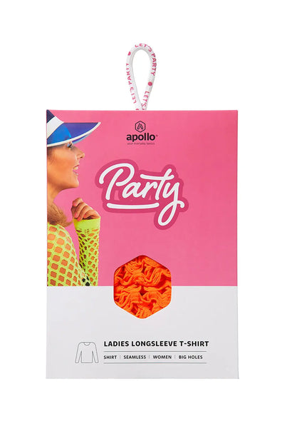 Neonoranje netshirt dames in verpakking, geschikt voor een neonfeest