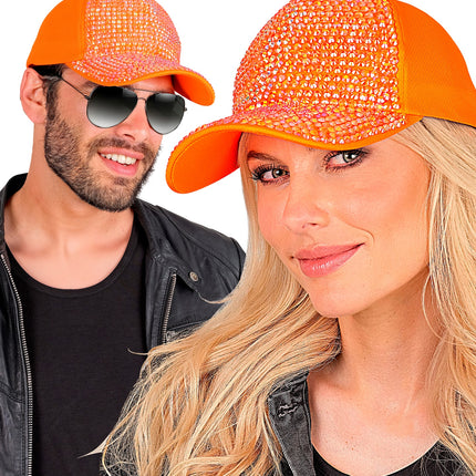 Neonoranje strasspet gedragen door dame en heer op een neonfeest