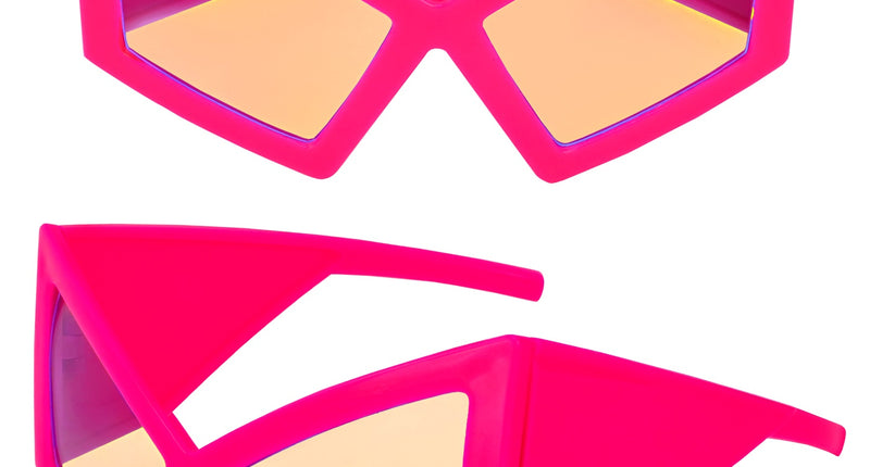 Neonroze feestbril met brede poten en puntige zijkanten, zij- en vooraanzicht