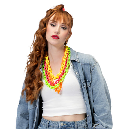 Neonroze ketting Vibe in lagen met neonkettingen in geel, groen en oranje voor een neon party