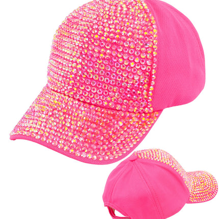 Neonroze pet met strass, zijaanzicht met gebogen klep vol glinsterende steentjes