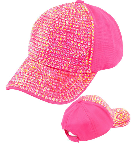 Neonroze pet met strass, zijaanzicht met gebogen klep vol glinsterende steentjes
