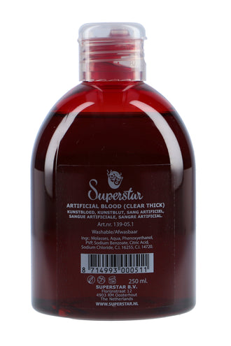 Nep bloed fles van 250 ml met donkerrode vloeistof en doorzichtige klapdop, voor Halloween