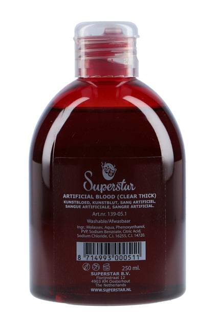 Nep bloed fles van 250 ml met donkerrode vloeistof en doorzichtige klapdop, voor Halloween