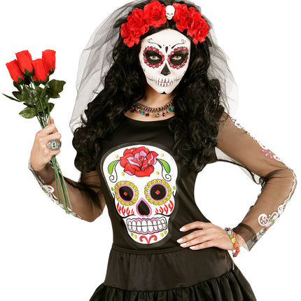Nep gouden halsketting met steentjes bij een sugar skull look voor Halloween