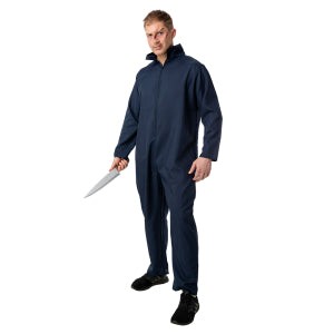 Nep koksmes 45cm gedragen bij een donkerblauwe overall voor Halloween