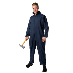 Nep pikhouweel in de hand bij een donkerblauwe overall, look voor Halloween