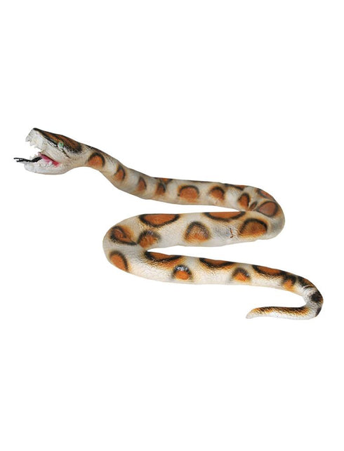 Nep slang python van 180 cm in beigewit met oranjebruine vlekken en open bek met witte tanden