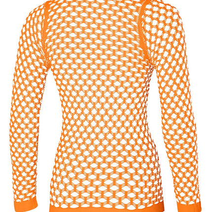Netshirt neonoranje van achteren, geribde onderzoom en lange smalle mouwen