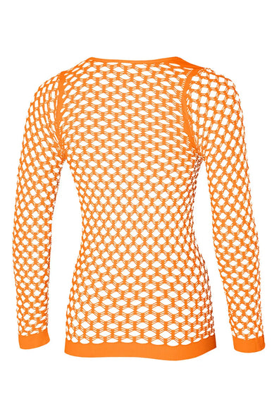 Netshirt neonoranje van achteren, geribde onderzoom en lange smalle mouwen