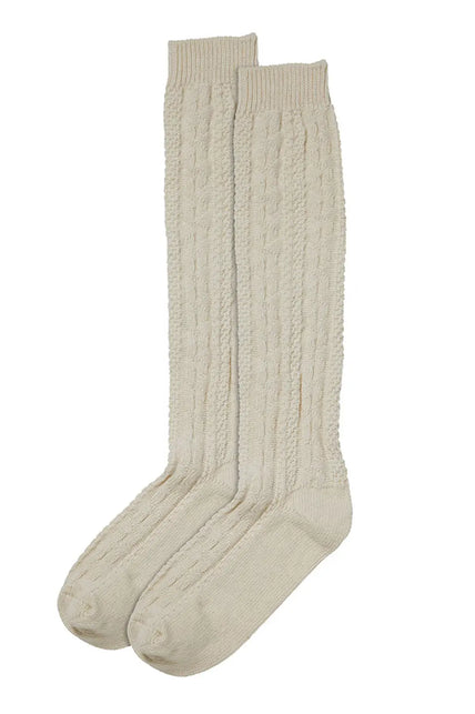 Off white Tiroler kniekousen als paar, gebroken witte gebreide kousen voor een Beierse outfit
