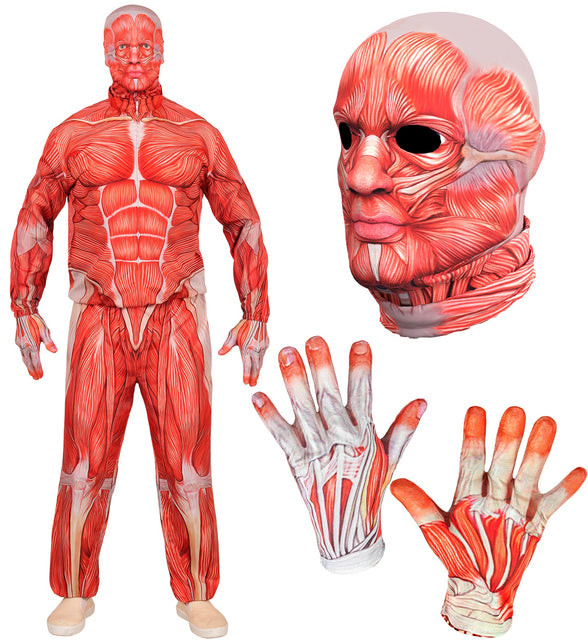 Onderdelen anatomie kostuum: spiermasker met open ogen en mond en twee handschoenen