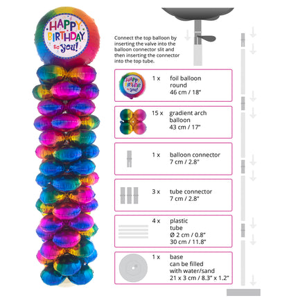 Onderdelen van de ballonzuil happy birthday: ronde folieballon van 46 cm, boogballonnen, buizen en vulbare voet