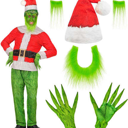 Onderdelen van het kerst monster kostuum: kerstmuts, groene baard, wenkbrauwen en handschoenen
