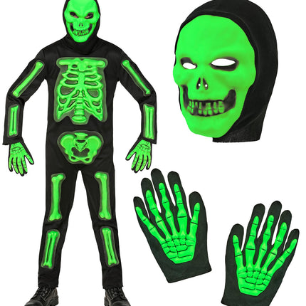 Onderdelen van het skelet pak 3D groen: jumpsuit, groen doodskopmasker met capuchon en skelethandschoenen