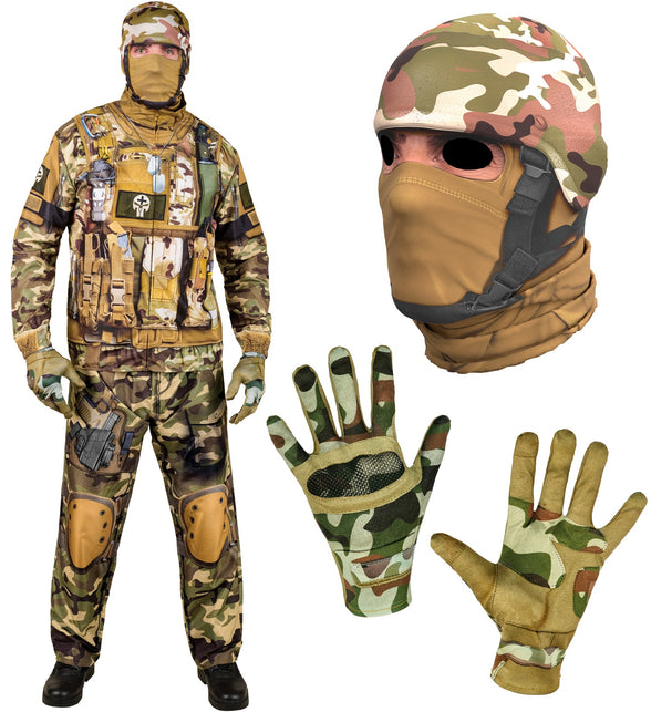 Onderdelen soldaat kostuum Leo: masker met helmprint en gezichtsdoek plus camouflagehandschoenen