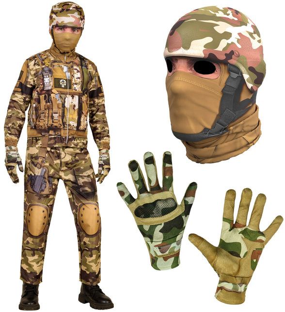 Onderdelen van het soldaat kostuum: masker met geprinte helm en camouflage handschoenen