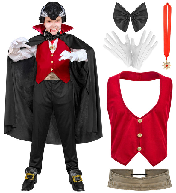 Onderdelen van het vampier kostuum: rood vest met gouden knopen, goudbeige heupband, zwarte vlinderdas en ketting
