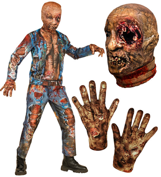 Onderdelen zombie kostuum Liv: jas, broek, zombiemasker en twee bedrukte handschoenen