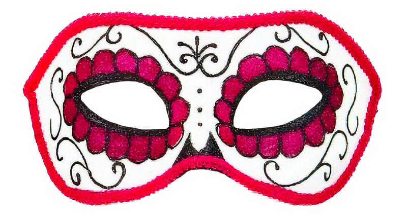 Oogmasker dia de los muertos wit met roze bloemogen, zwarte krullen en rode bies