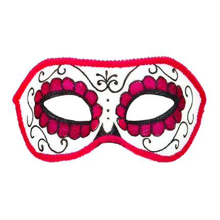 Oogmasker dia de los muertos wit met roze bloemogen, zwarte krullen en rode bies