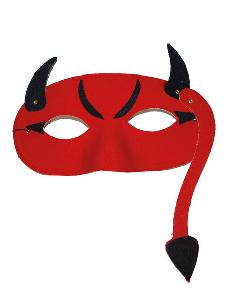 Oogmasker duivel in rood met zwarte hoorntjes en gebogen staart, voor Halloween