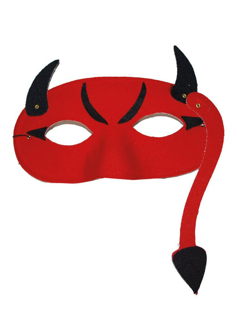 Oogmasker duivel in rood met zwarte hoorntjes en gebogen staart, voor Halloween