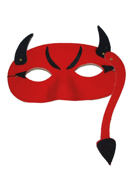 Oogmasker duivel in rood met zwarte hoorntjes en gebogen staart, voor Halloween