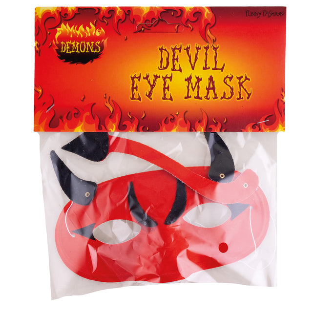 Oogmasker duivel in verpakking van Funny Fashion met vlammenkaart en rode band