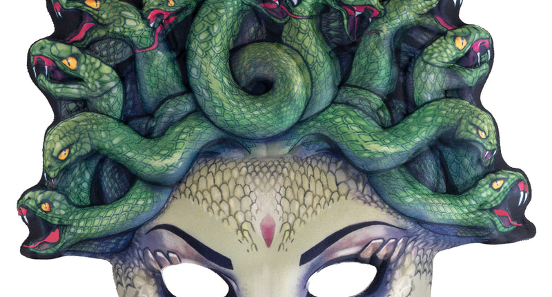 Oogmasker medusa van foam met groene slangen, gele ogen en uitgesneden ooggaten voor Halloween
