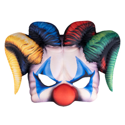 Oogmasker nar met vier gekleurde ramshoorns, rode neus en blauwe clownsprint rond de ogen